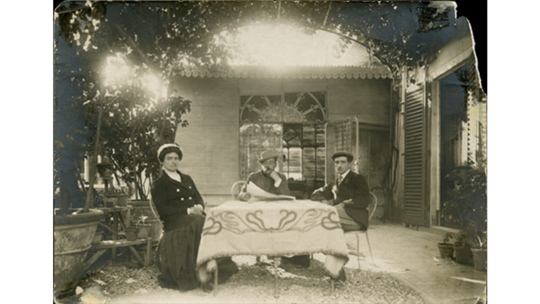Giacomo Puccini with his wife Elvira and the son Antonio, in the garden of his villa at Torre del Lago villa, early 20th century