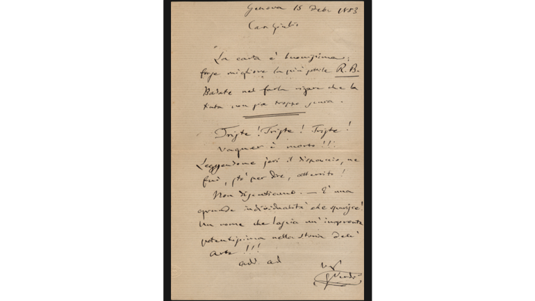 Letter from Giuseppe Verdi to Giulio Ricordi: “Sad! Sad! Sad! Wagner is dead!!! […] A name that leaves such a powerful mark upon the history of art!!!”, February 15, 1883