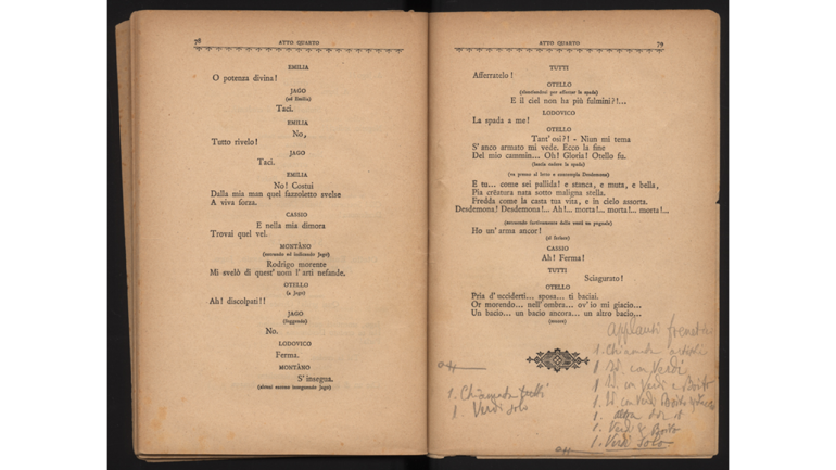 Detail of the libretto with annotations by Giulio Ricordi about the audience’s reactions at the premiere of Otello by Giuseppe Verdi, 1887