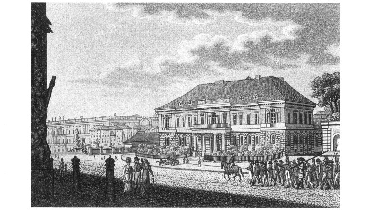 F. H. Calau: &#34;The City Commandant&#39;s Headquarters on Zeughaus-Platz,” aquatint, 1815