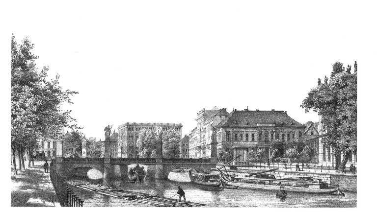 F. A. Borchel: “Die Schlossbrücke” (on right, next to the bridge: the City Commandant&#39;s Headquarters), around 1850