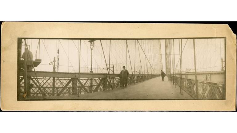 Giacomo Puccini on the Brooklyn Bridge in New York, 1910
