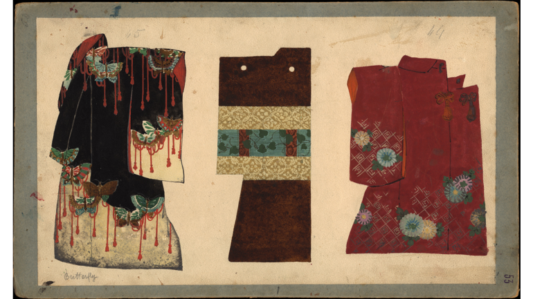 Madama Butterfly by Giacomo Puccini, world premiere, Milan, Teatro alla Scala, 1904. Three kimonos, prop design by Giuseppe Palanti