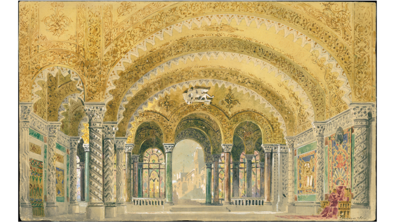Otello by Giuseppe Verdi, new production, Rome, Teatro Costanzi, 1887. The great castle room, Act III, set design by Giovanni Zuccarelli