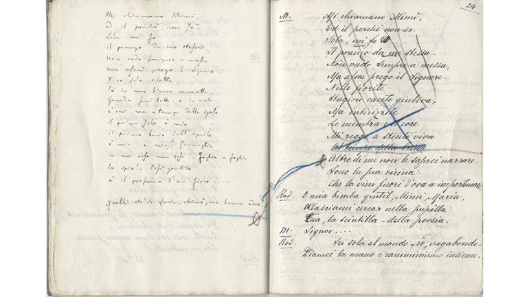 La bohème by Giacomo Puccini, page from the handwritten libretto with autograph annotations by Luigi Illica and Giacomo Puccini