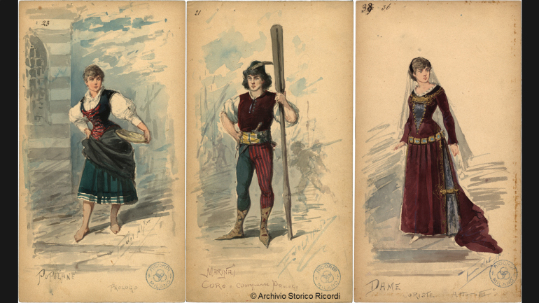 Left: One of the Peasant Women, Prologue; middle: One of the Sailors, Prologue; right: One of the Ladies, Act 3