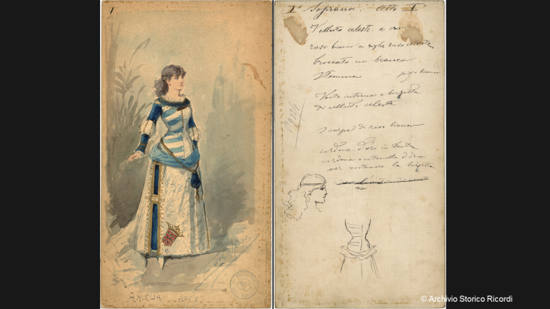 Front and back of Edel’s design for Amelia’s costume in Act 1. The illustrated design boards often provided detailed technical indications for the theater tailoring shop regarding cloth types and colors, shoes, headgear, and various accoutrements and decorations.