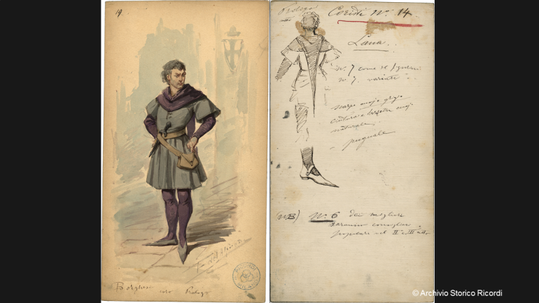 Front and back of Edel’s design for a Burgher&#39;s costume in the Prologue, with directions for the theatrical tailoring shop