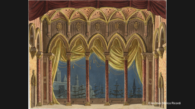 Interior of the Ducal Palace, Act 3. This scene of the “illuminated port” required intricate lighting effects. At first, the many lights were oil lamps, lit one by one, but soon gas illumination was used—the production book specified a system of pipes and gas jets to be controlled all together.