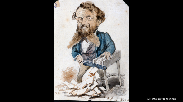 A caricature of Piave slicing off librettos like pieces from a sausage. A prolific and reliable librettist, he wrote some forty librettos over a thirty-year career and collaborated with Verdi on ten operas, including Rigoletto and La traviata.