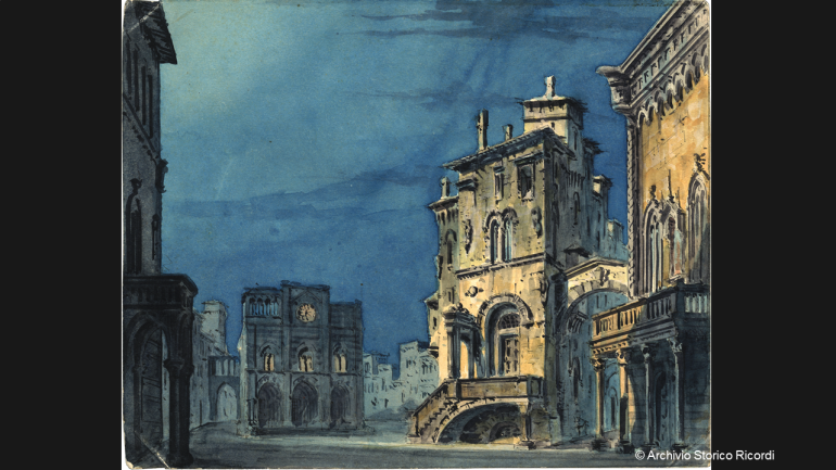 Set design by Girolamo Magnani for the revised Simon Boccanegra premiered at Milan’s La Scala in 1881: A Piazza in Genoa, Prologue.