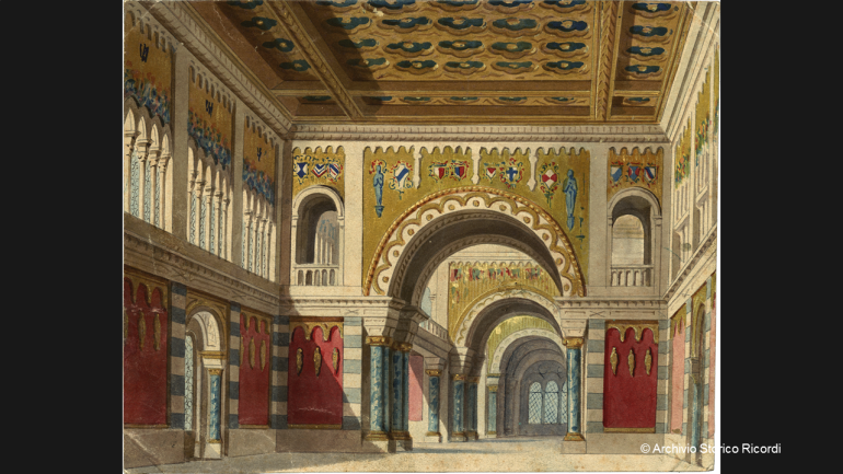 Hall of the Cabinet in the Palace of Abbots, Act 1, Scene 2, set design by Girolamo Magnani