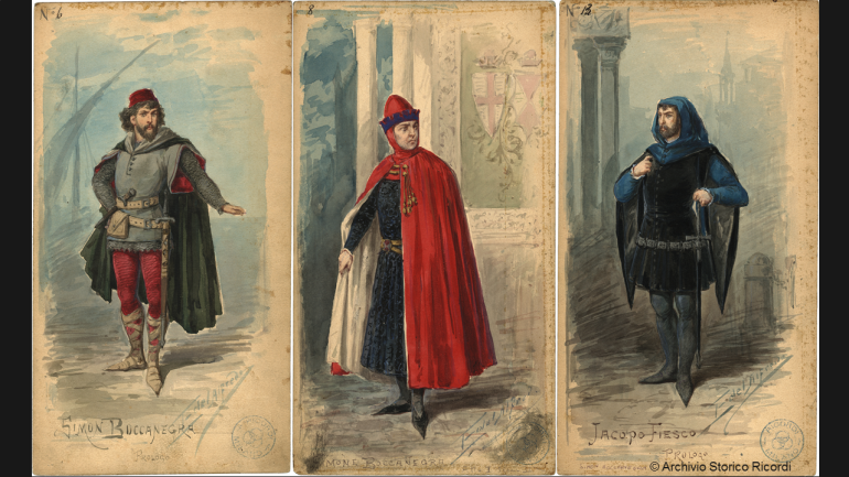 Costume designs by Alfredo Edel, left: Simon Boccanegra, in the Prologue; middle: Simon Boccanegra, Act 1, Scene 2; right: Fiesco, Prologue