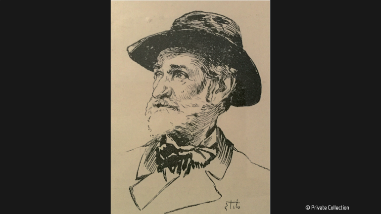 Charcoal-pencil portraits of the three protagonists of the Simon Boccanegra project, done “from life” by a staff artist of the weekly British illustrated magazine The Graphic: Giuseppe Verdi, ...