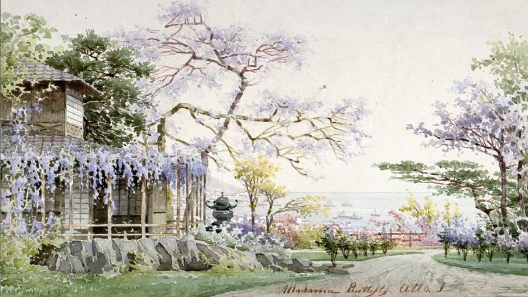 A hill near Nagasaki, Act 1, set design by Vittorio Rota, world premiere, La Scala, 17 February 1904