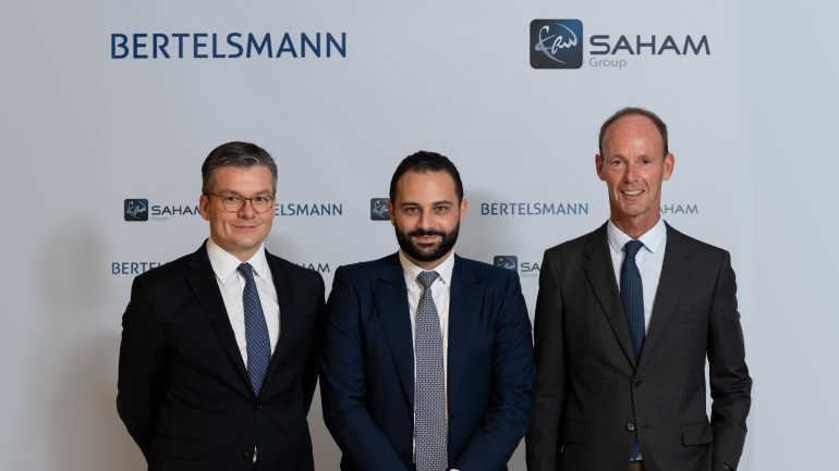 From the left: Thomas Mackenbrock (CEO Arvato CRM Solutions), Moulay Mhamed Elalamy (Spokesperson for Saham) and Thomas Rabe (Chairman &amp; CEO of Bertelsmann).