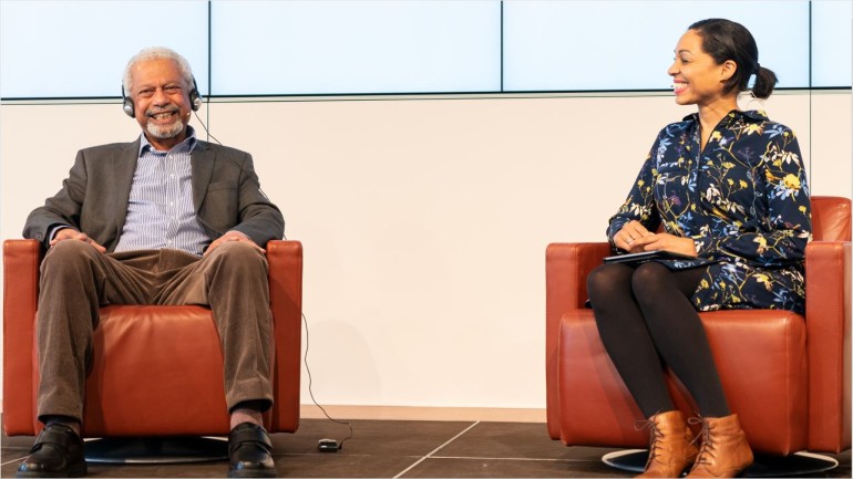 German news anchor Jana Pareigis with Abdulrazak Gurnah
