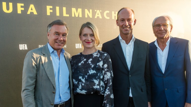 Fltr: UFA co-CEO Nico Hofmann, actress Caroline Peters, Bertelsmann Chairman &amp; CEO Thomas Rabe, UFA co-CEO Wolf Bauer

