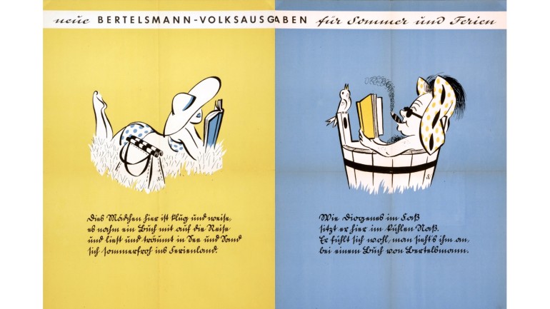 &#34;Wie Diogenes im Fass sitz ich hier im kühlen Nass!&#34; - The summer holidays, a great time to read - poster advertising Bertelsmann&#39;s new Volk editions, 1950s.