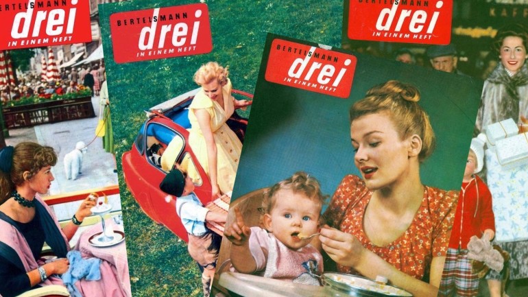 Cover pictures of the &#34;Bertelsmann drei in einem Heft&#34; (three in one) magazine dating 1955/56.