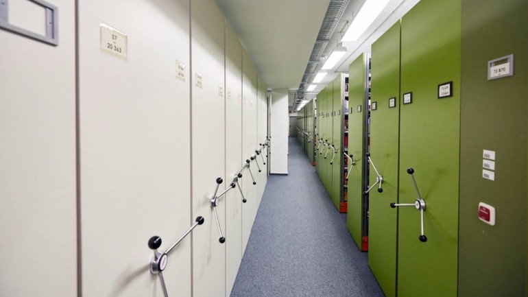 The mobile shelves offer space for more than 100,000 books.