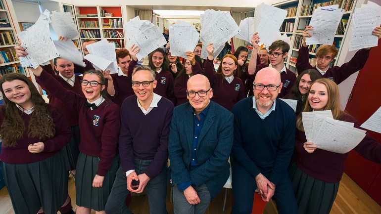 Students of Collinstown Park Community College, Clondalkin with Tom Weldon, CEO, Penguin Random House UK, Roddy Doyle, author and co-founder of Fighting Words and Michael McLoughlin, Managing Director, Penguin Random House Ireland