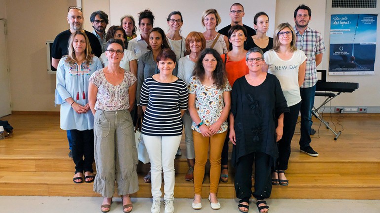 The 14 members of the panel of judges, among them M6 presenter Nathalie Renoux (front row, second from left)
