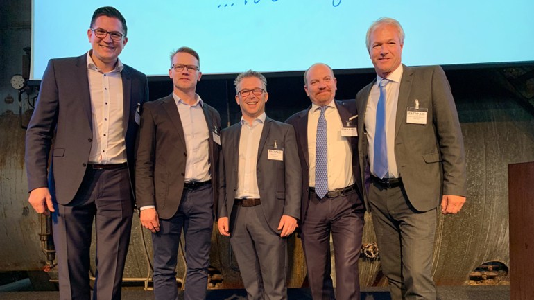 Looking forward to their collaboration (from left): Björn Gallenkamp, CEO of Ribbeck, Christian Knehans, Director Business Development at Topac, Nicola Masia and Stefano Colori of the Mondini management, and Topac Managing Director Sven Deutschmann
